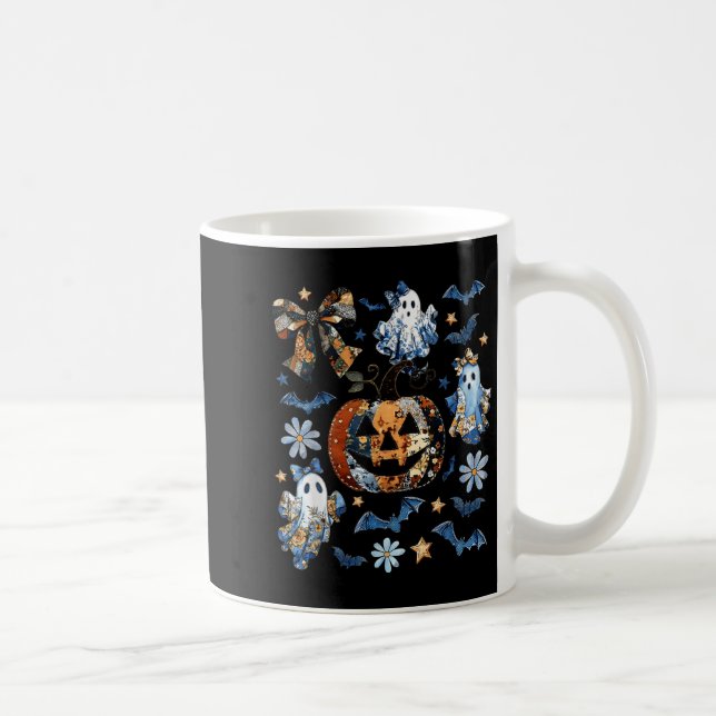 Caneca De Café Patchwork Floral de Denim Azul Pumpkin Ghost Coque (Direita)