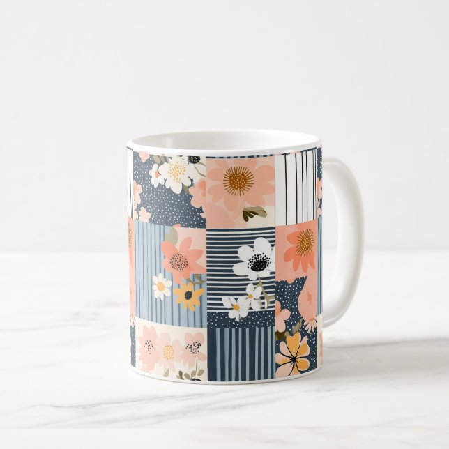 Caneca De Café Patchwork Floral Retro em Rosa e Azul (Frente Esquerda)