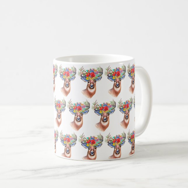 Caneca De Café Paterna Flower Reindeer de Natal Magia (Frente Esquerda)