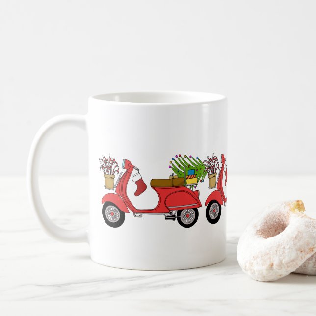 Caneca De Café Patinete de Natal desenhado à mão com presentes (Com Donut)