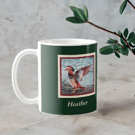 Caneca De Café Pato Mandarim sobre verde e ferrugem com nome
