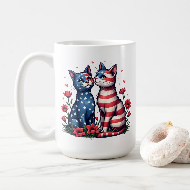 Caneca De Café Patriótica de Bandeira Americana e Flores Gatos (Com Donut)