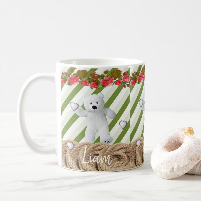 Caneca De Café Pau Branco Verde Urso Branco (Com Donut)