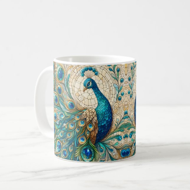 Caneca De Café Pavão de Vidro Colorido (Frente Esquerda)