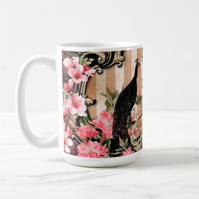 Caneca De Café Pavão e Flores Ilustrados Antigos Grunge (Esquerda)