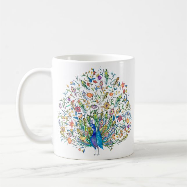 Caneca De Café Pavão floral aquarela (Esquerda)