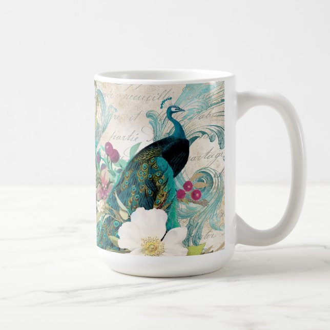 Caneca De Café Pavão Ilustrado Antigo & Flores Grunge (Direita)