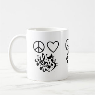 Caneca De Café Paz Amor Harmonia Coração Vermelho Notas Musicais 