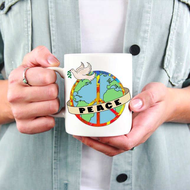 Caneca De Café Paz Mundial Retrorativa Desenhada à Mão com a Port (Criador carregado)
