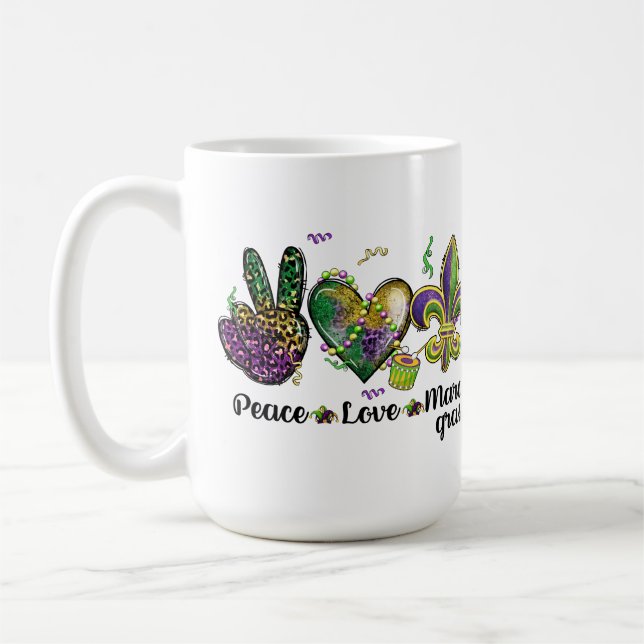 CANECA DE CAFÉ PEACE AMOR MARDI GRAS PURPLE VERDE DOURADO (Esquerda)
