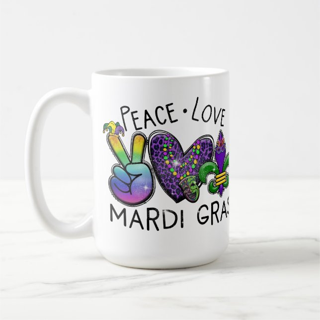 CANECA DE CAFÉ PEACE AMOR MARDI GRAS PURPLE VERDE DOURADO (Esquerda)