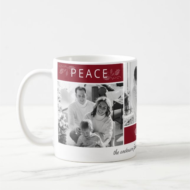 Caneca De Café Peace Joy Love Photo Collage Script Maroon Holiday (Esquerda)