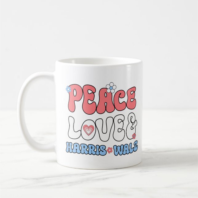 Caneca De Café Peace Love e Harris Walz Retro Hippie Style (Esquerda)