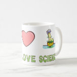 Caneca De Café Peace Love Science<br><div class="desc">A caneca Peace Love and Science apresenta uma design ousada e atraente que inclui uma ilustração gráfica de um símbolo de paz, coração e experiência química. As palavras "Peace Love Science" são impressas abaixo das ilustrações em uma letra lúdica e moderna. A design é impressa através da caneca inteira, fazer...</div>