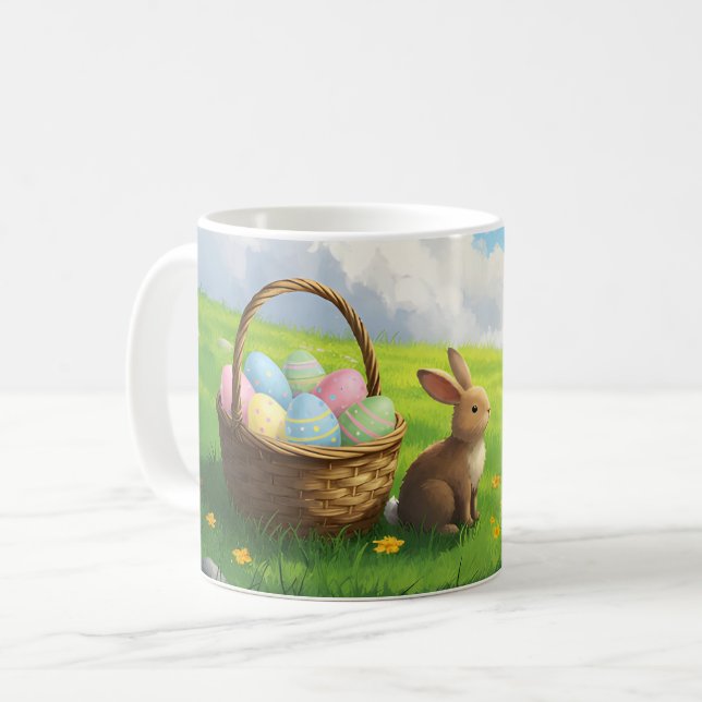 Caneca De Café Peaceful Easter Spring Meadow Bunny & Egg Basket (Frente Esquerda)