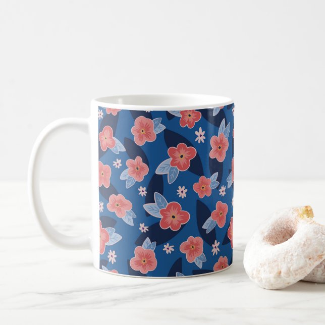 Caneca De Café Peach & Blue Floral (Com Donut)