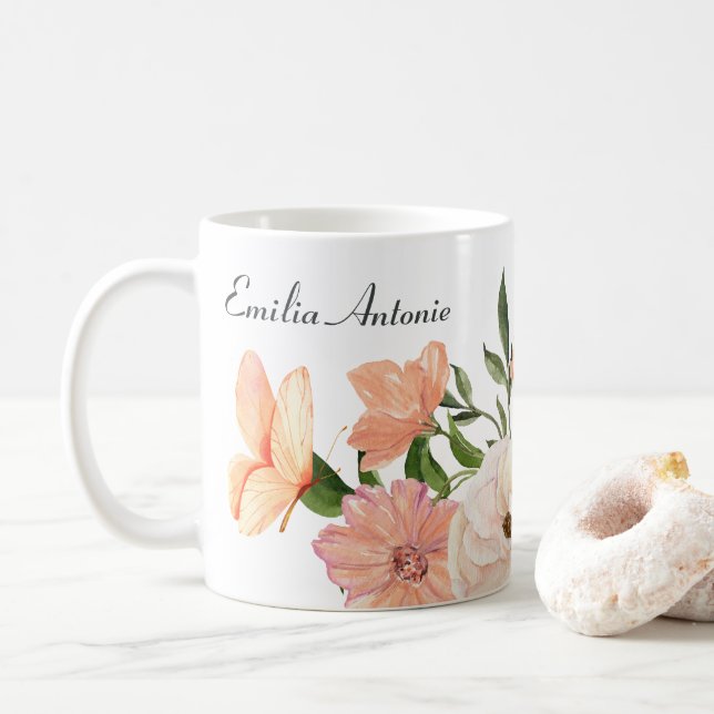 Caneca De Café Peach floral custome (Com Donut)