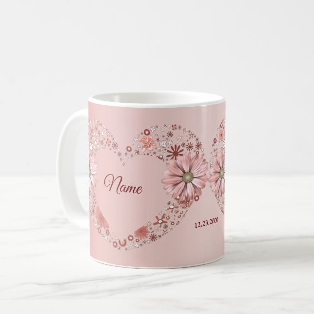 Caneca De Café Peach Floral Heart Modern wedding Gift (Frente Esquerda)