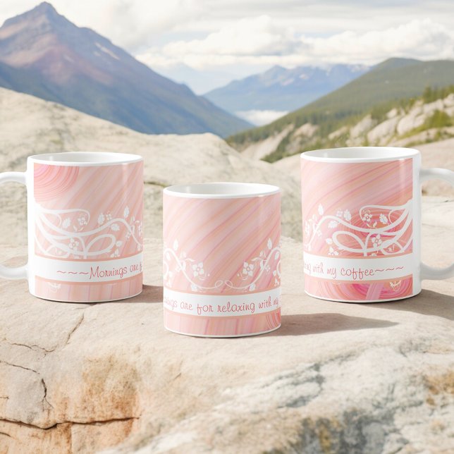 Caneca De Café Peach Pastel Spirals Trabalho de arte personalizad (left, center and right mug design with text)