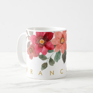 Caneca De Café Peach Red Floral Watercolor Adicionar Seu Nome