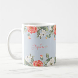Caneca De Café Peach Rosa Dusty Blue Floral Personalizado