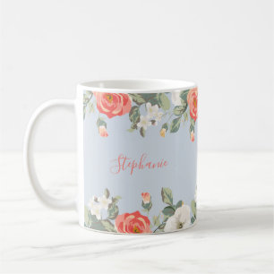 Caneca De Café Peach Rosa Dusty Blue Floral Personalizado