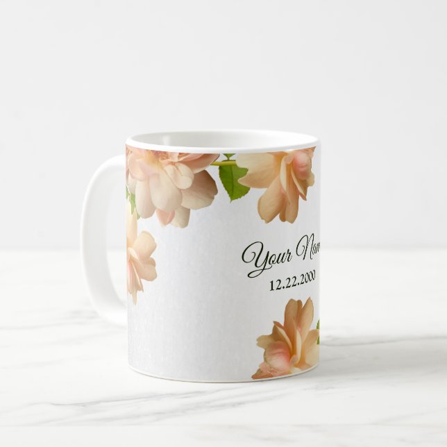 Caneca De Café Peach Roses Floral Silver Glitter Wedding Party (Frente Esquerda)
