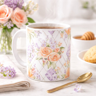 Caneca De Café Peach Roses Lavender Cottagecore Floral Coffee Mug