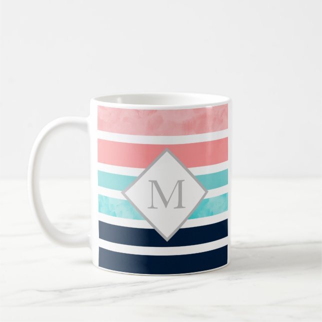 Caneca De Café Peach Turquoise Indigo White Stripes (Esquerda)