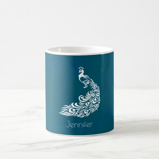 Caneca De Café Peacock Branco sobre Na moda de Chic Teal Personal (Centro)