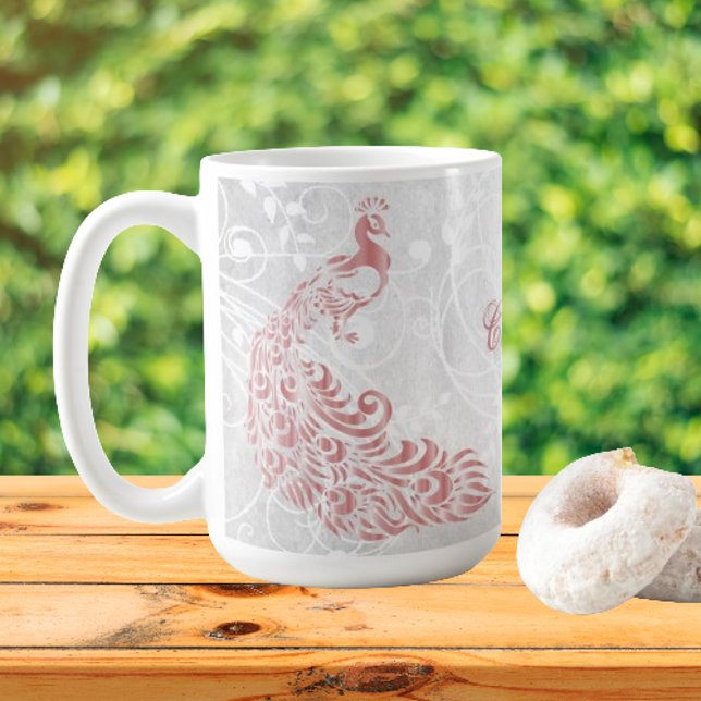 Caneca De Café Peacock Rosa Personalizado (Pink Peacock Personalized Coffee Mug)