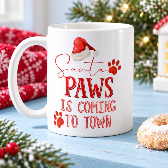 Caneca De Café Pegadas de Pata de Animal Engraçado Presente de Na (Santa Paws white Christmas mug with red holiday typography.)