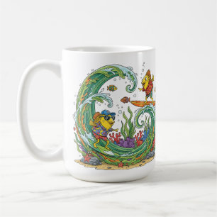 Caneca De Café Peixe Amarelo Divertido Surfando na Festa da Praia