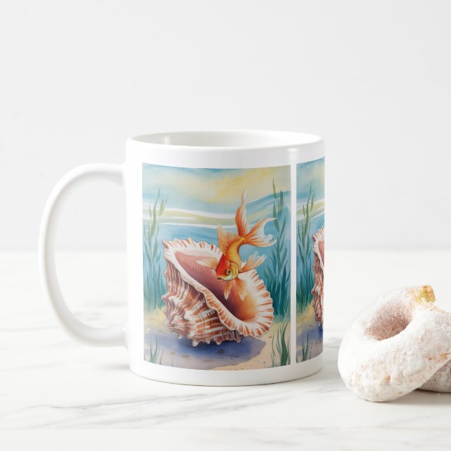Caneca De Café Peixe-dourado-aquarela-coral (Com Donut)