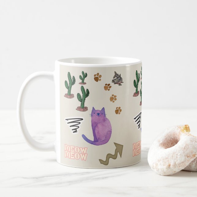 Caneca De Café Peixe Gato Miado Pata Cactus Mug (Com Donut)