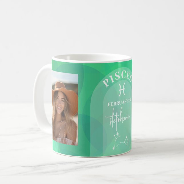 Caneca De Café Peixes Astrologia Zodíaca Foto Personalizada Data  (Frente Esquerda)
