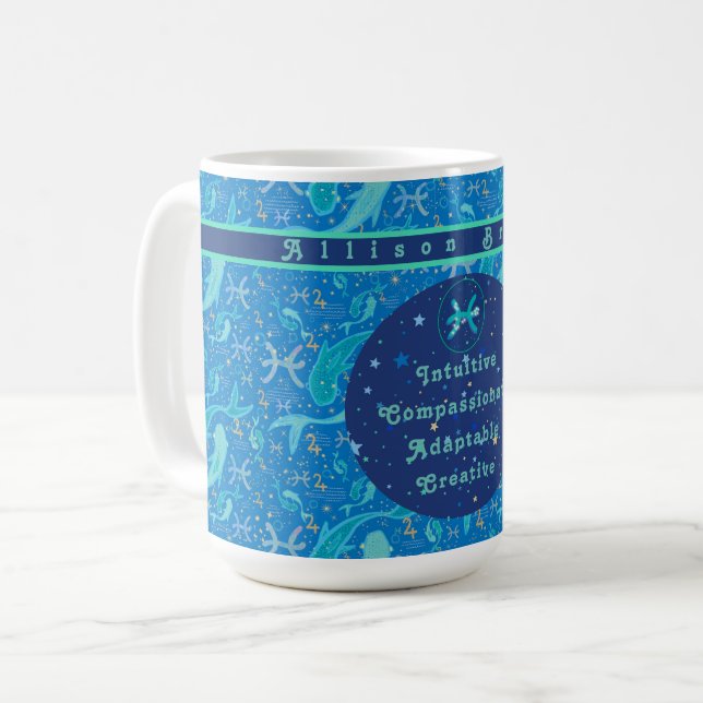 Caneca De Café Peixes Blues Traços Zodiac Personalizados (Frente Esquerda)