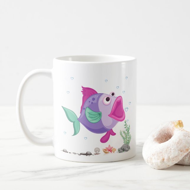Caneca De Café Peixes com bolhas bucais abertas e flora subaquáti (Com Donut)