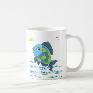 Caneca De Café Peixes com sol e aves no céu acima da água C