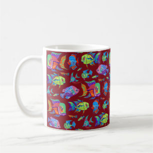 Caneca De Café Peixes tropicais divertidos em vermelho escuro