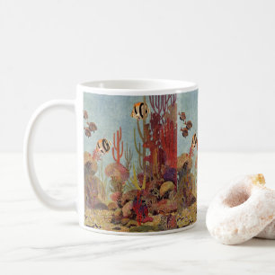 Caneca De Café Peixes Vintage no Oceano, Coral Tropical
