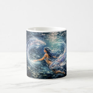 Caneca De Café Peixes Zodíaco com Mulher Rodeada por Dois Glowing