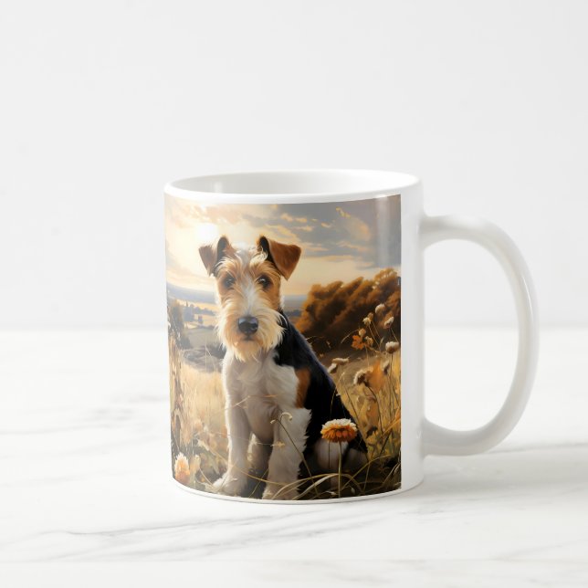 Caneca De Café Pêlos De Fio, Fox Terrier, No Outono Do País (Direita)