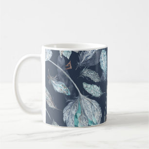 Caneca De Café Penas Chic Boho Flores: Azul Escuro-Aquarela P