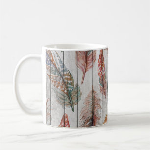 Caneca De Café Penas Coloridas, Design Sem Costura De Aquarelas.