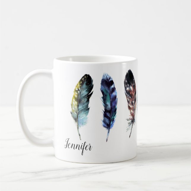 Caneca De Café Penas de Aquarela de Estilo Boho Personalizadas (Esquerda)