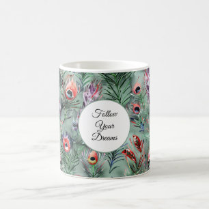 Caneca De Café Penas de Pavão Verde Vermelho  