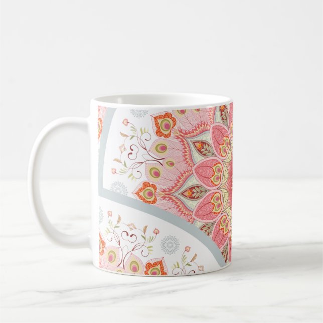 Caneca De Café Penas de Peacock, Ornamento Floral Redondo. (Esquerda)
