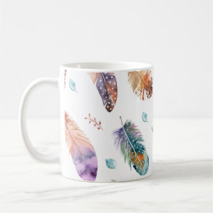 Caneca De Café Penas Desenhadas À Mão: Padrão Branco De Fundo