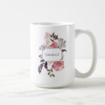 Caneca De Café Penas Rosa Roxo e Verde Deixam Monograma<br><div class="desc">Lindas colônias cor-de-rosa com folhas roxas e verdes. O toque perfeito para sua casa ou escritório. Personalize com seu nome.</div>